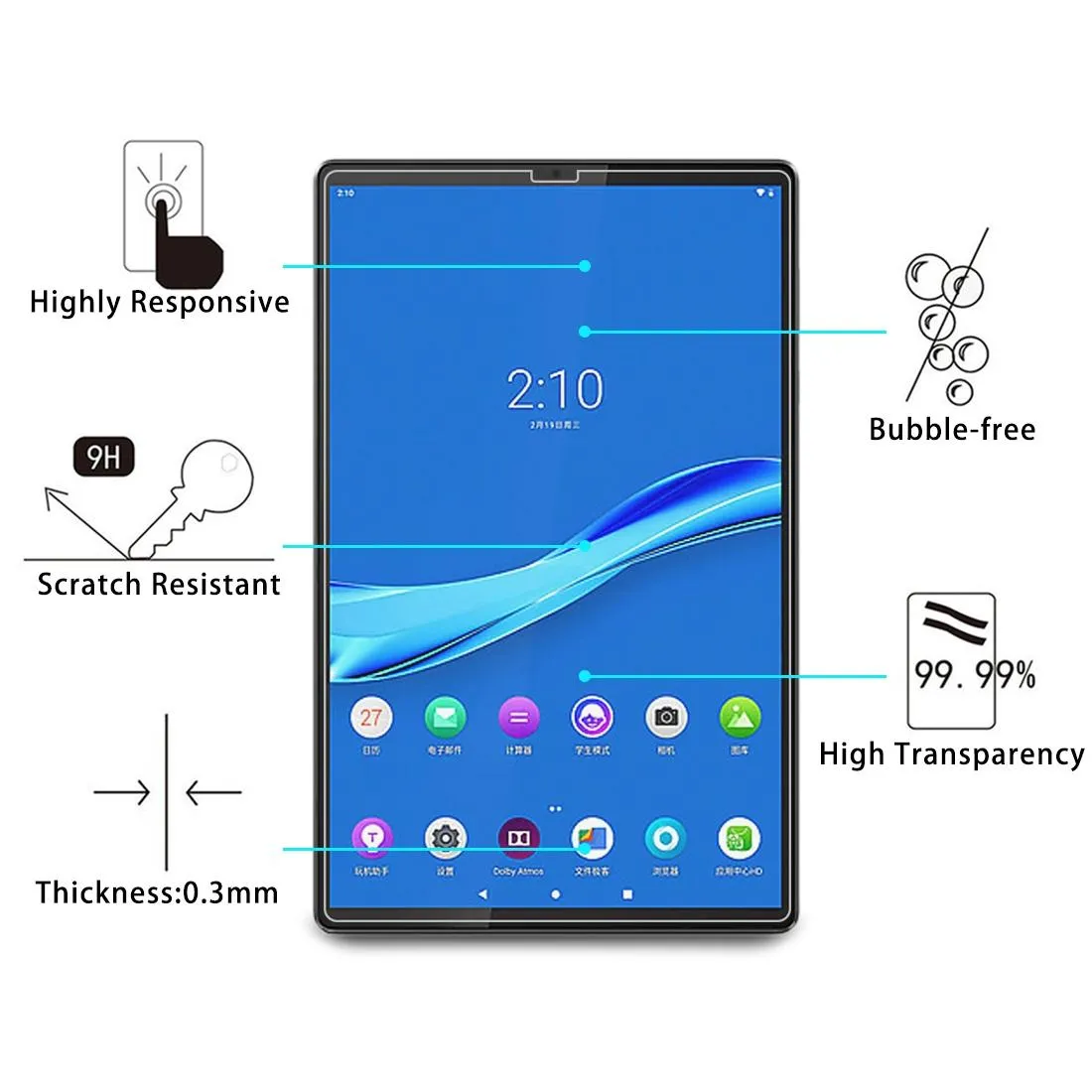 2-Pack 9H Tempered Glass Film For Lenovo M10 Plus X606 - 0.3Mm Thickness