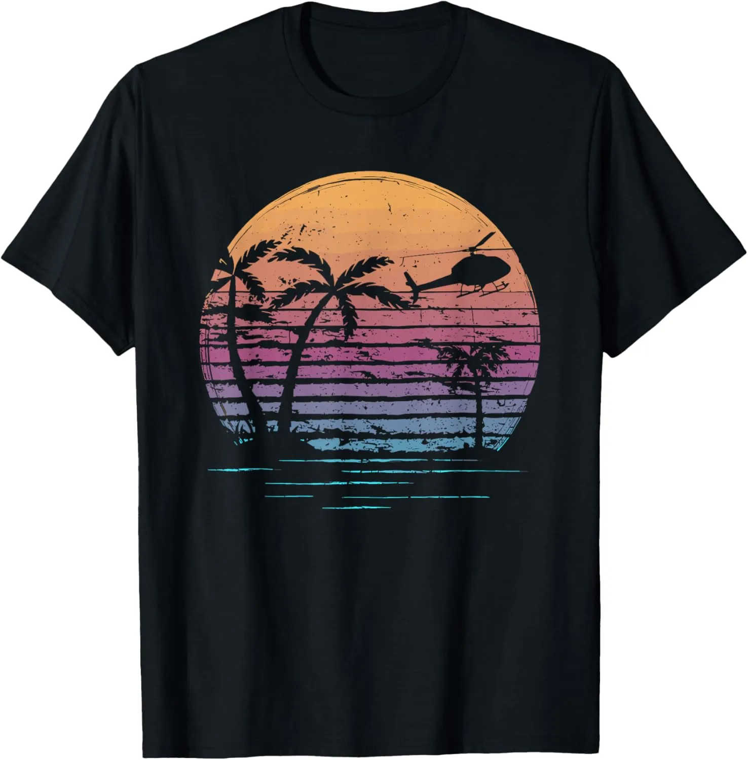Aviator Helicopter Pilot Vintage Retro Palm Tree Sunset T-Shirt