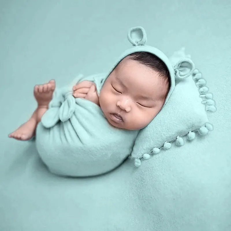 Babymoon (Set Of 4) Butterfly Ready Wrap, Jersey wrap, Pillow & Cap Baby Photography Props-Light Green