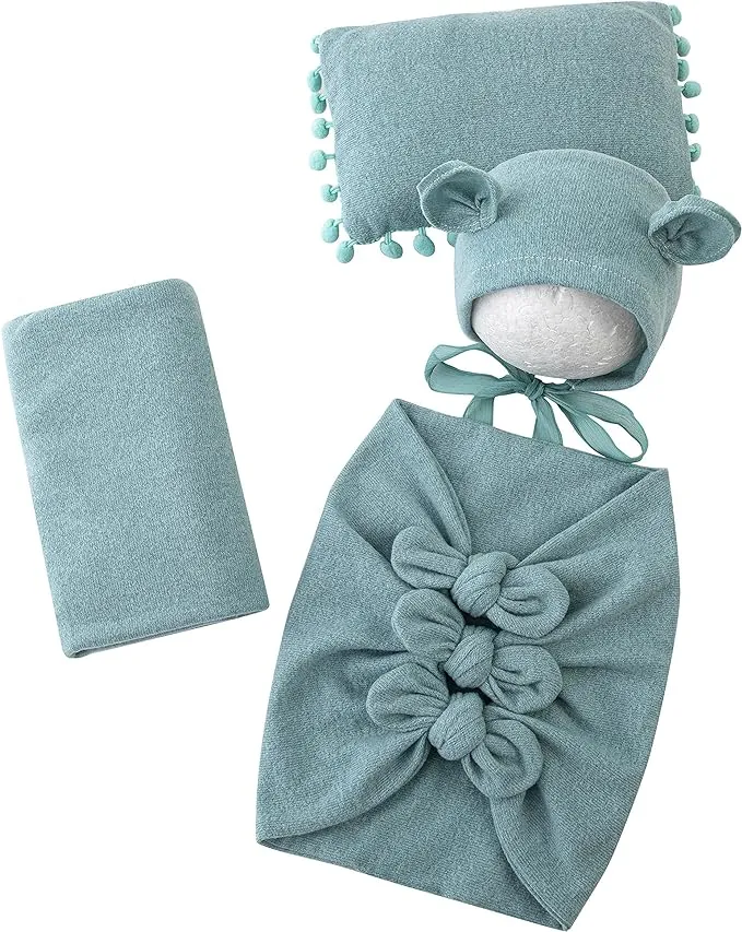 Babymoon (Set Of 4) Butterfly Ready Wrap, Jersey wrap, Pillow & Cap Baby Photography Props-Light Green