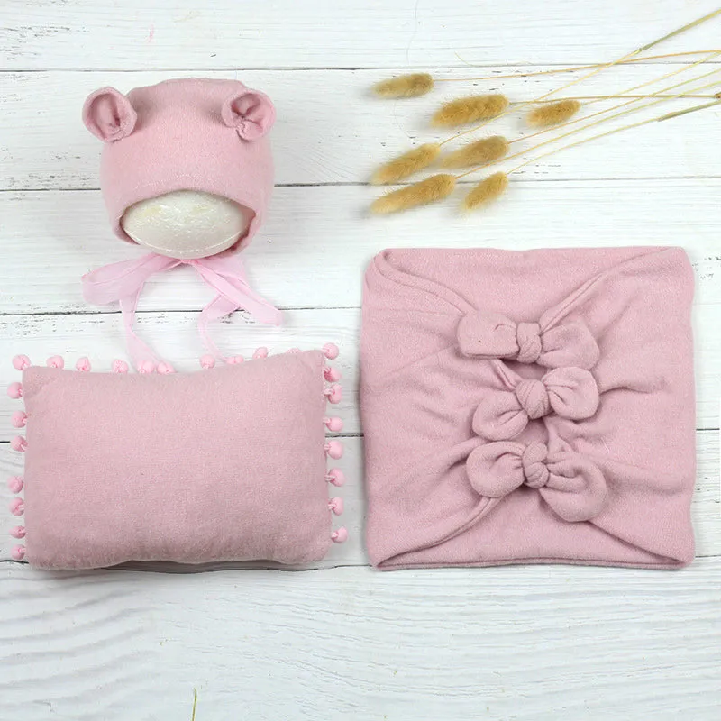 Babymoon (Set Of 4) Butterfly Ready Wrap, Jersey wrap, Pillow & Cap Baby Photography Props-Light Pink