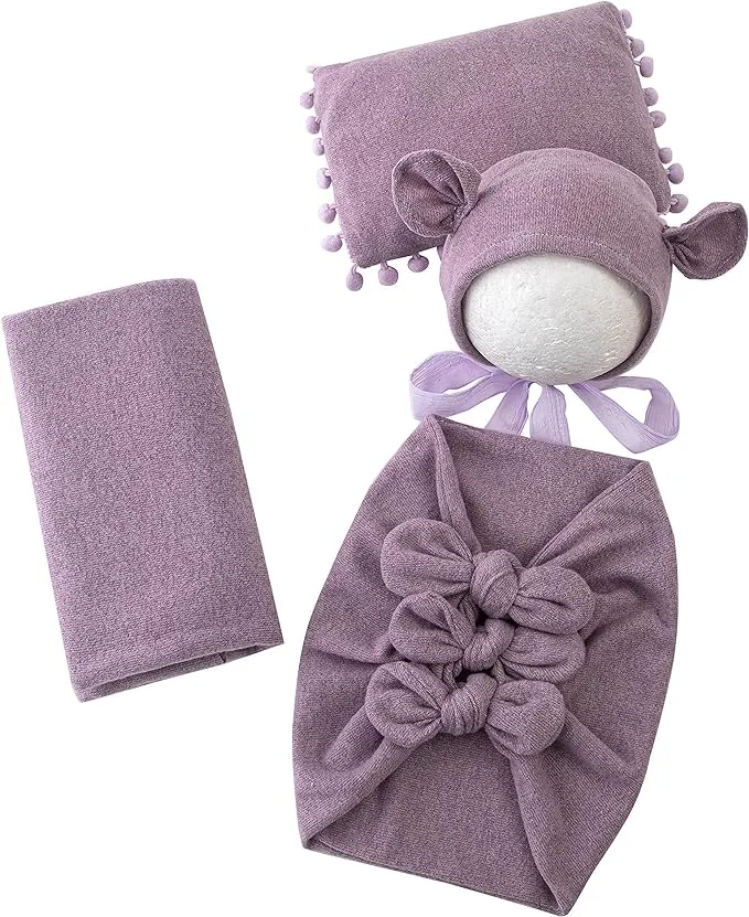 Babymoon (Set Of 4) Butterfly Ready Wrap, Jersey wrap, Pillow & Cap Baby Photography Props-Light Purple