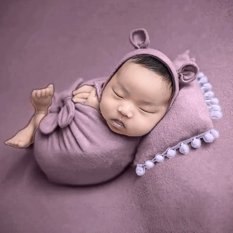 Babymoon (Set Of 4) Butterfly Ready Wrap, Jersey wrap, Pillow & Cap Baby Photography Props-Light Purple