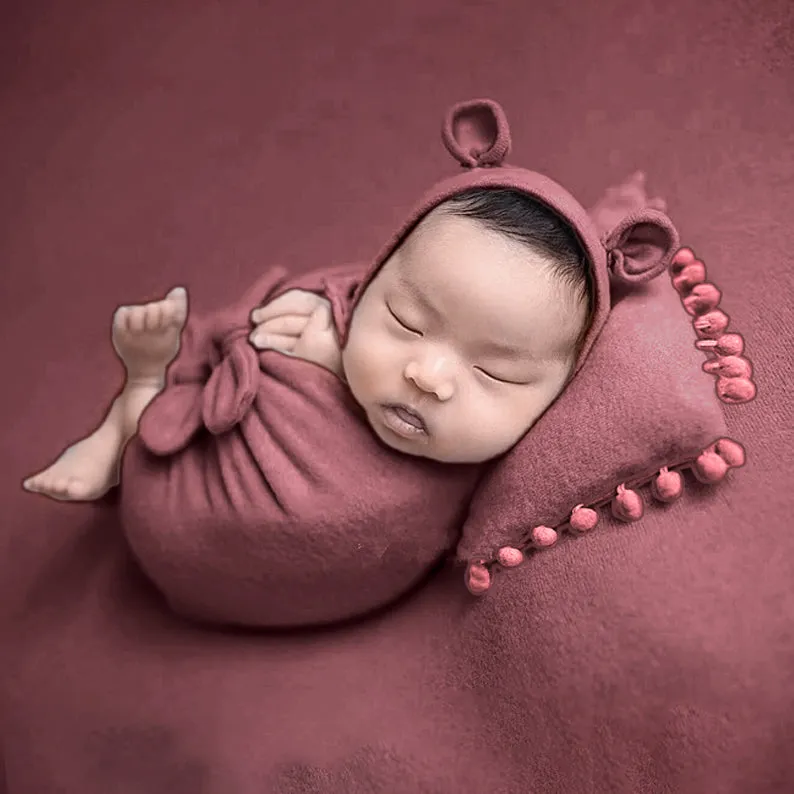 Babymoon (Set Of 4) Butterfly Ready Wrap, Jersey wrap, Pillow & Cap Baby Photography Props-Wine