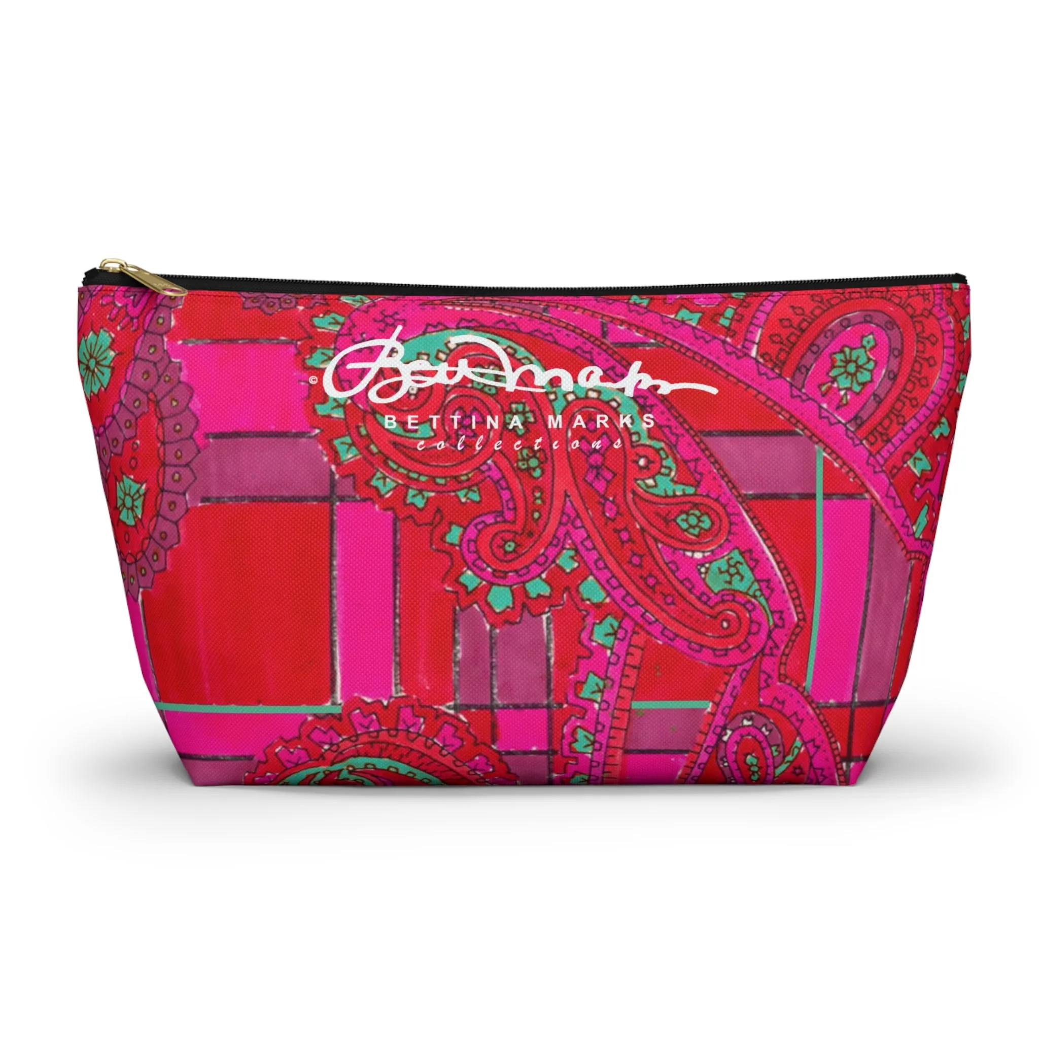 Bright Fuscia and Red Poppy Paisley on Plaid Accessory Pouch w T-bottom