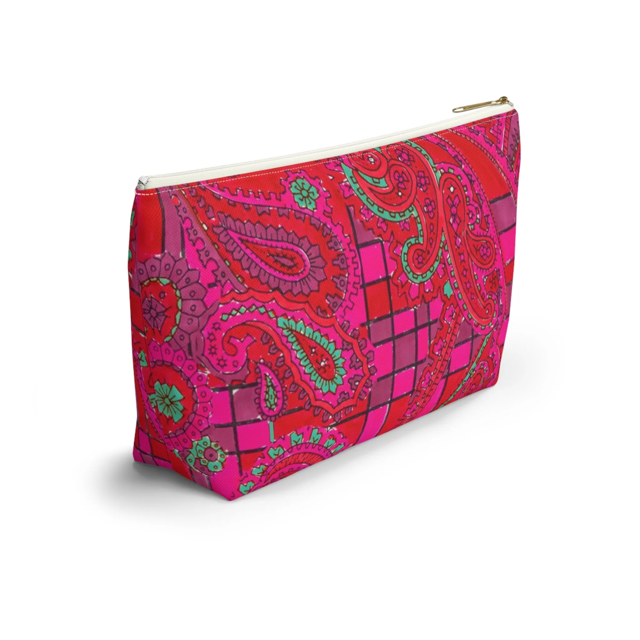 Bright Fuscia and Red Poppy Paisley on Plaid Accessory Pouch w T-bottom