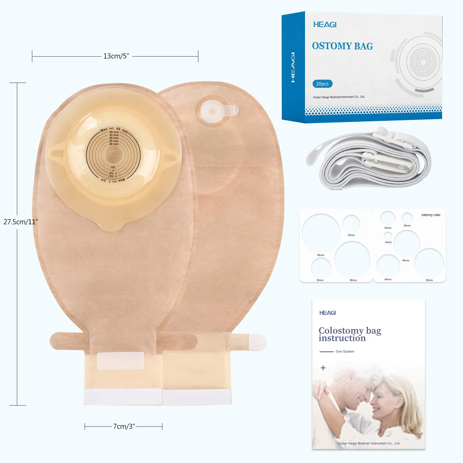 HEAGI Colostomy Bags 1 Piece Convex Ostomy Bags with Exhaust Hole & Adjustable Waistband