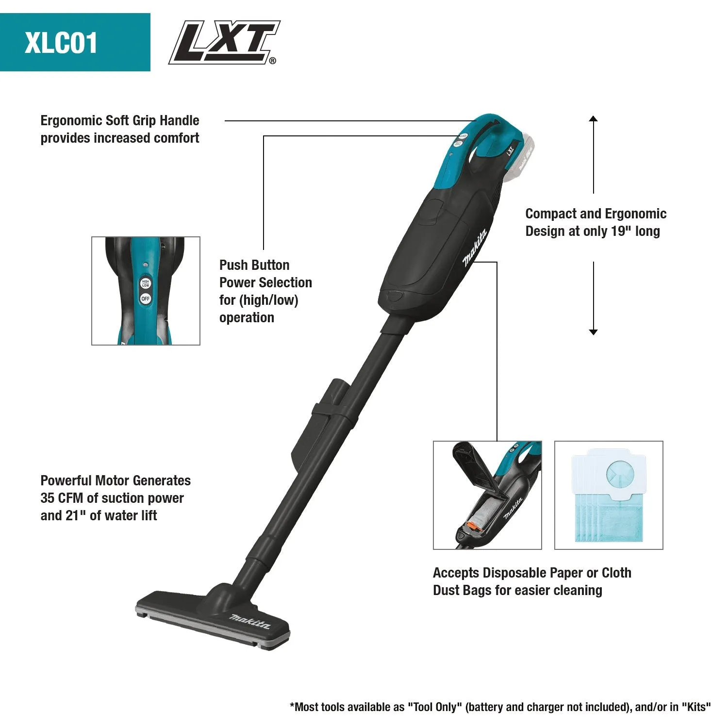 Makita (XLC01ZB) 18V LXT® Speed Compact Stick Vacuum, w/Push Button (Tool Only)