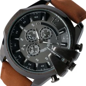 Military Army Round Dial Analog Brown Leather Band Strap Sport Wrist Watch Quartz Luxury Aviator Pilot Big Size Men Male Gift