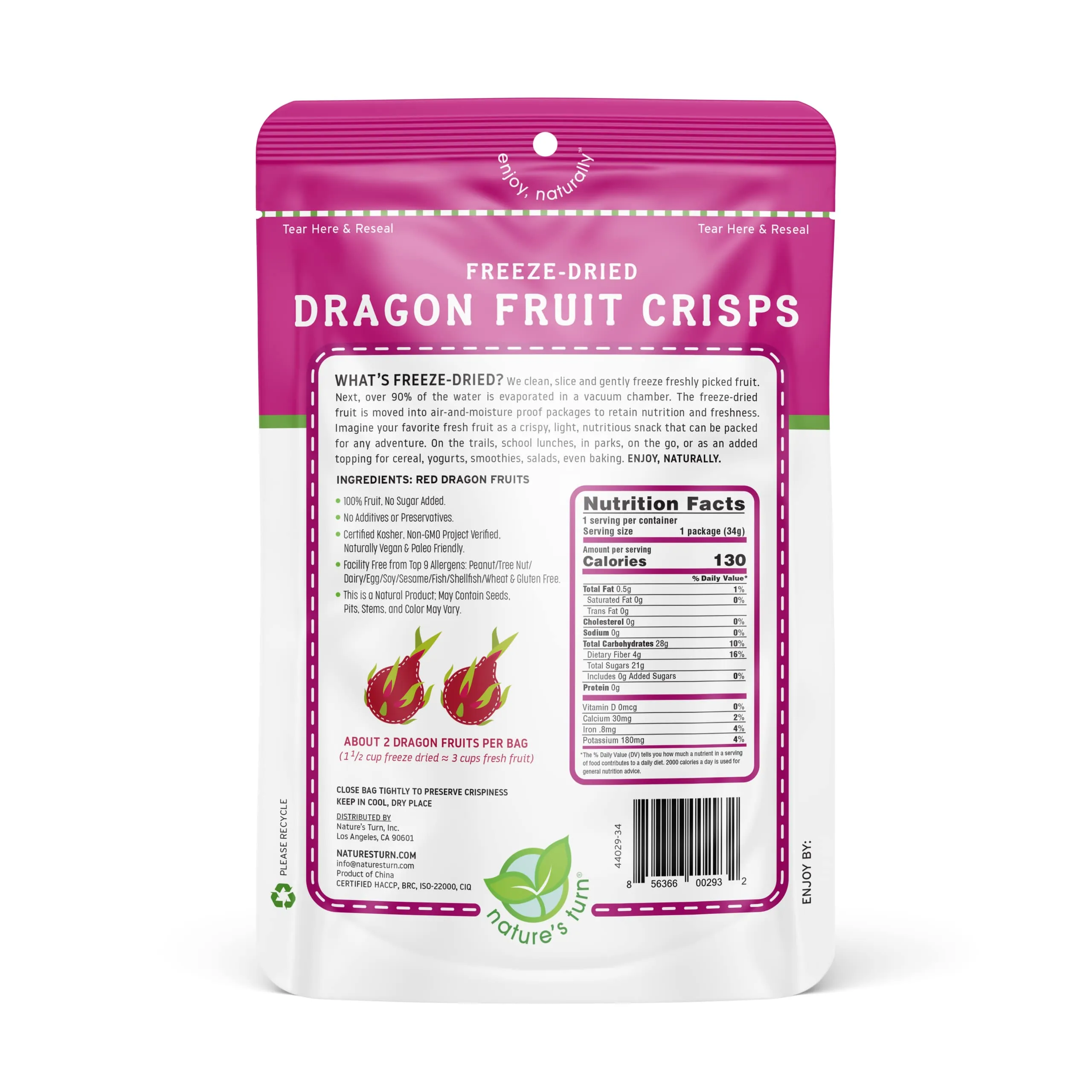 Nature’s Turn Freeze-Dried Fruit Snacks, Dragon Fruit Crisps - Pack of 6 (1.2 oz Each)