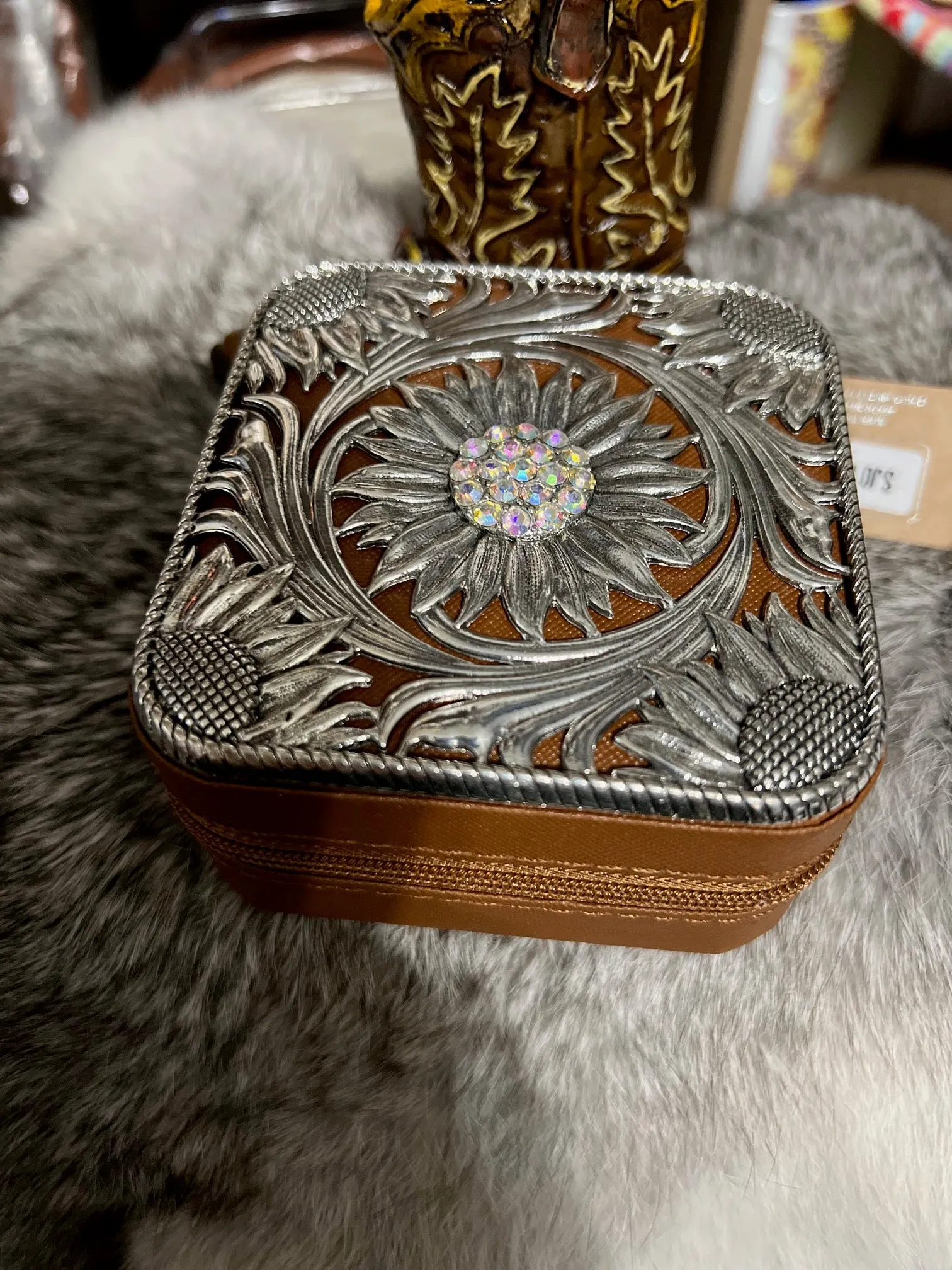 Western Themed Metal Jeweled Small Jewelry Travel Cases